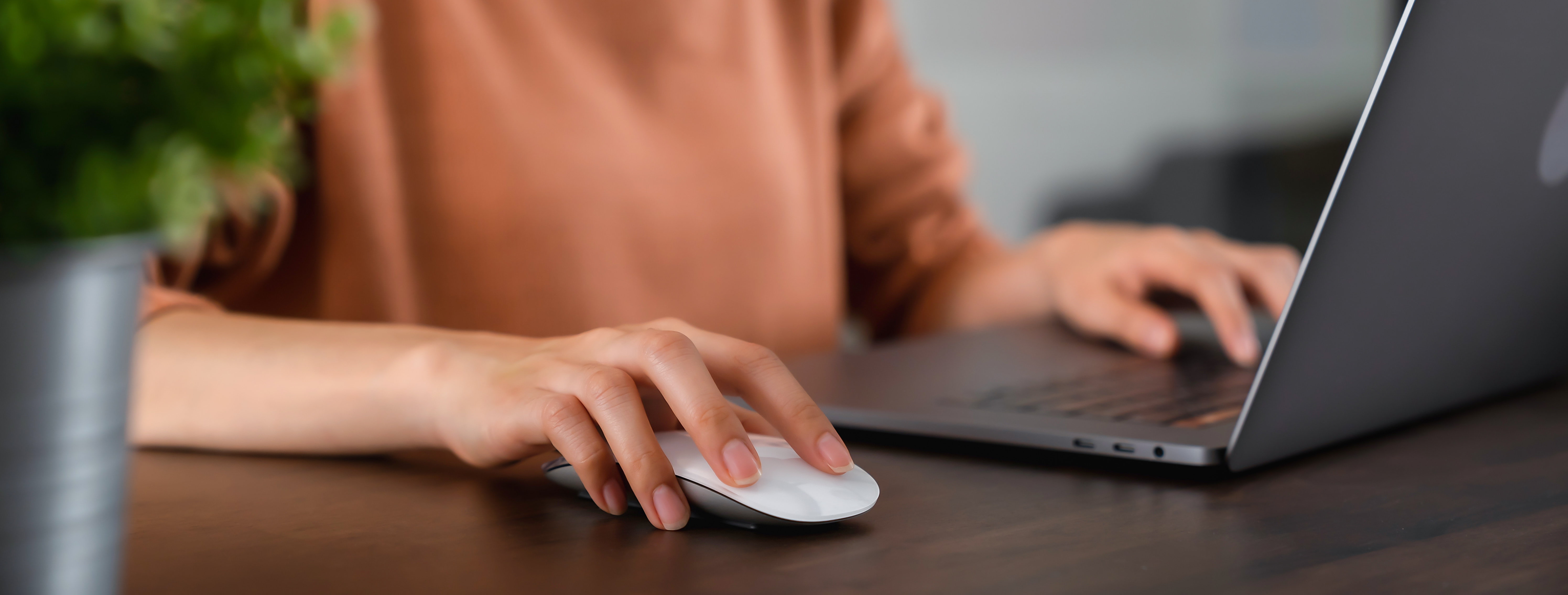 person clicking a computer mouse while using a laptop