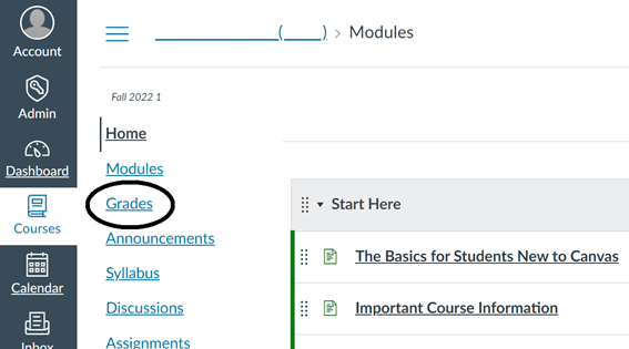 Screen capture of a course in Canvas with Grades circled within the breadcrumb navigation menu.