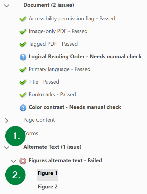 Screen capture of Adobe Acrobat, showing location of Alternate Text in the Accessibility Check results.