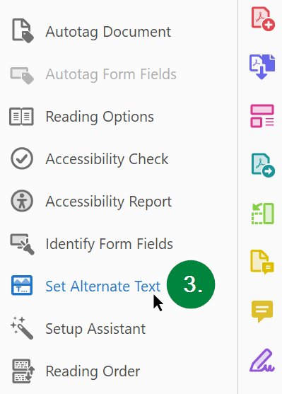 Screen capture of Adobe Acrobat, showing Set Alternate Text tool in the Accessibility Tools pane.