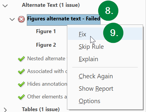 Screen capture of Adobe Acrobat, showing the Figures alternate text status in the accessibility check results.
