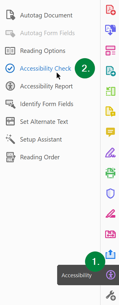 Screen capture of Microsoft PowerPoint, showing selection of accessibility tools menu and location of Accessibility Check option.