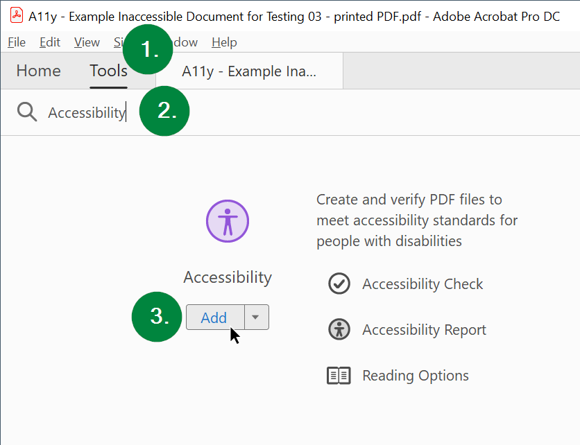 Screen capture of Microsoft PowerPoint, showing the Tools tab, search bar, and Accessibility Tool enable option.