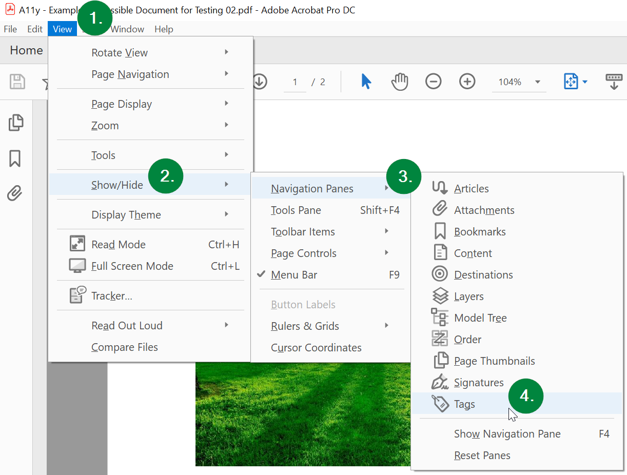 Screen capture of Microsoft PowerPoint, showing location of menu option to enable the tags navigation pane.