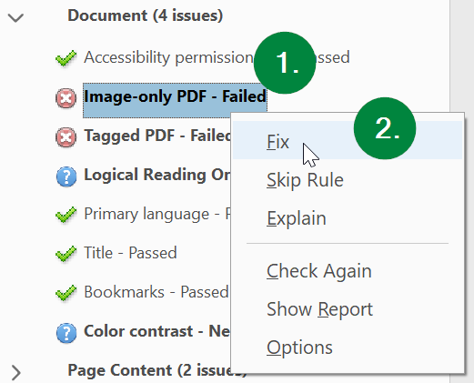 Screen capture of Adobe Acrobat, showing the location of the Image-only PDF item in the accessibility check results.