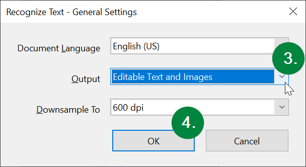 Screen capture of Adobe Acrobat, showing the ideal settings in the Recognize Text window.