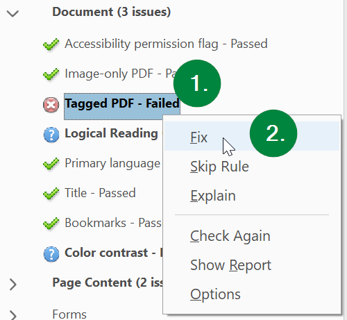 Screen capture of Adobe Acrobat, showing location of Tagged PDF item in Accessibility Check results.