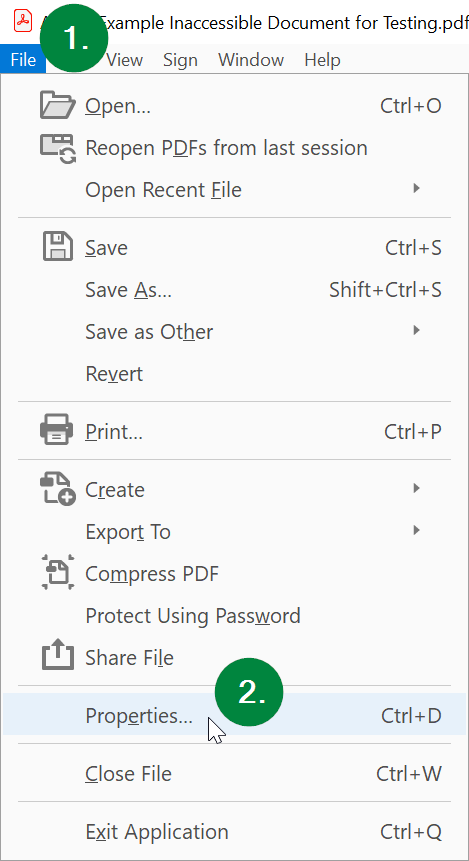 Screen capture of Adobe Acrobat, showing File menu, and Properties option.