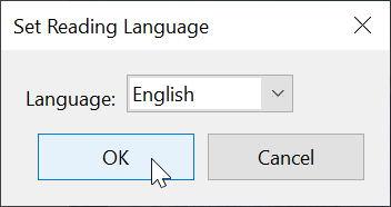 Screen capture of Adobe Acrobat, showing the "Set Reading Language" window.
