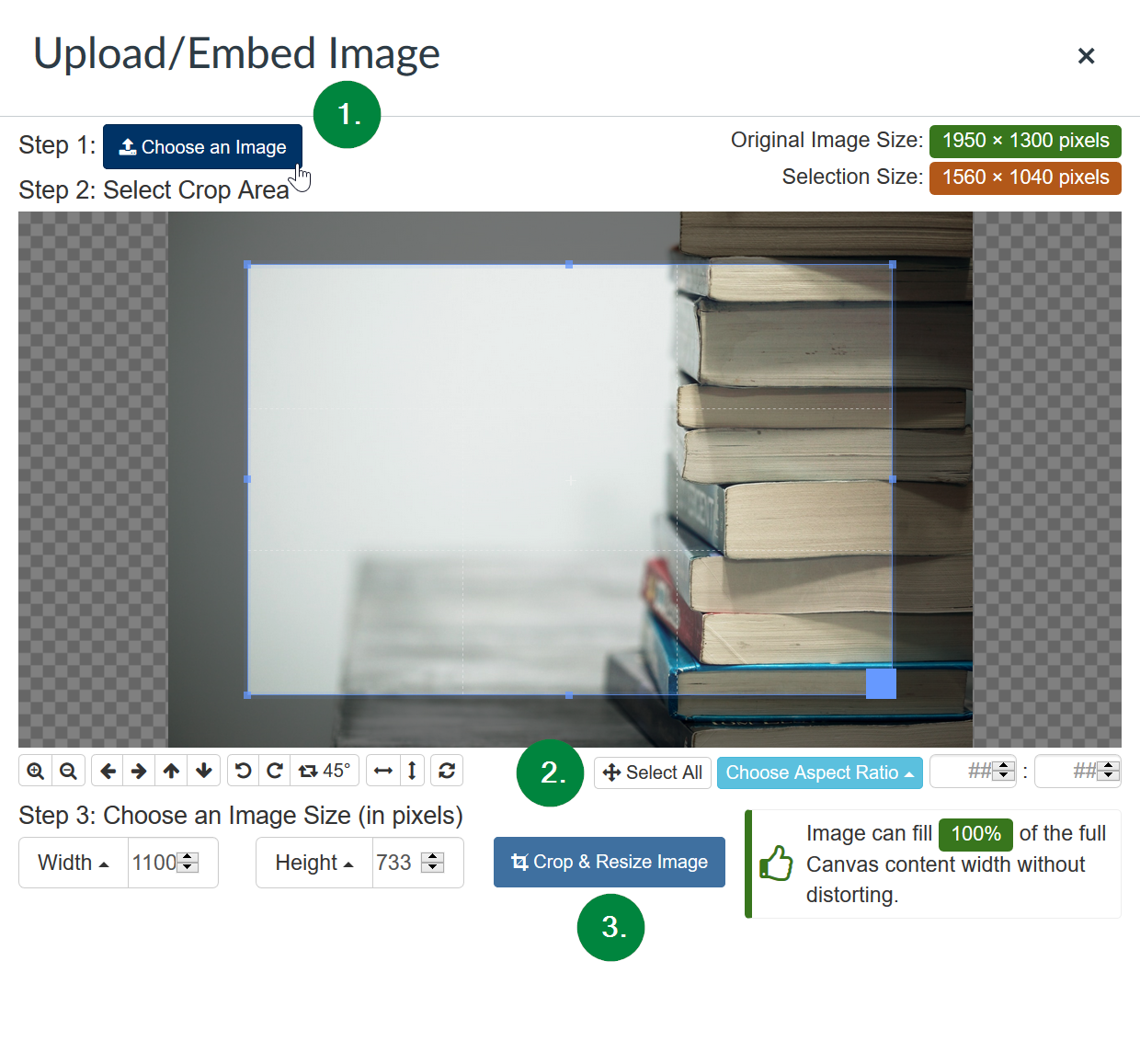 Screen capture showing the Upload/Embed Image pop-up window in Canvas.