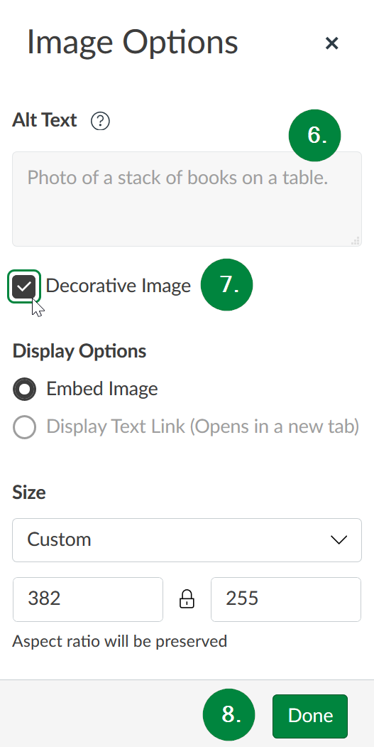 Screen capture of Canvas showing Image Options right-side menu.