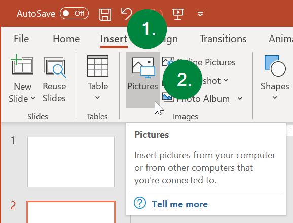 Screen capture of Microsoft PowerPoint's ribbon menu, showing the location of the Insert menu and Picture button.