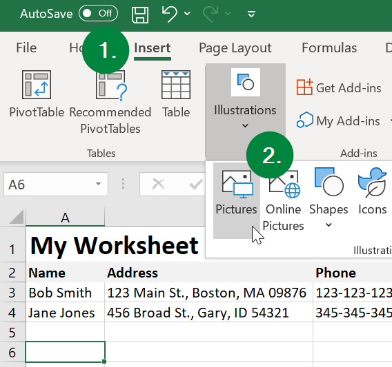 Screen capture of Microsoft Excel, showing the location of the Insert menu, Illustrations button, and Pictures option.