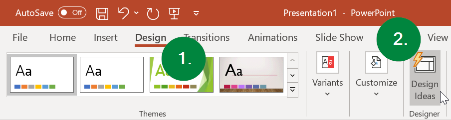 Screen capture of PowerPoint, showing the location of the Design Ideas button on the right side of the Design ribbon toolbar.
