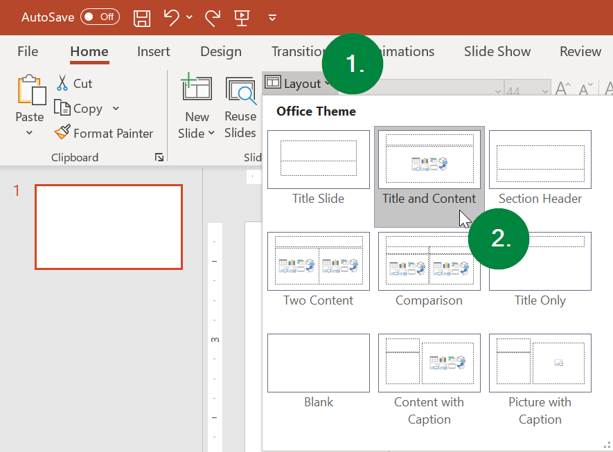 Screen capture of PowerPoint window, showing the position of the Layout option menu in the Home ribbon toolbar.