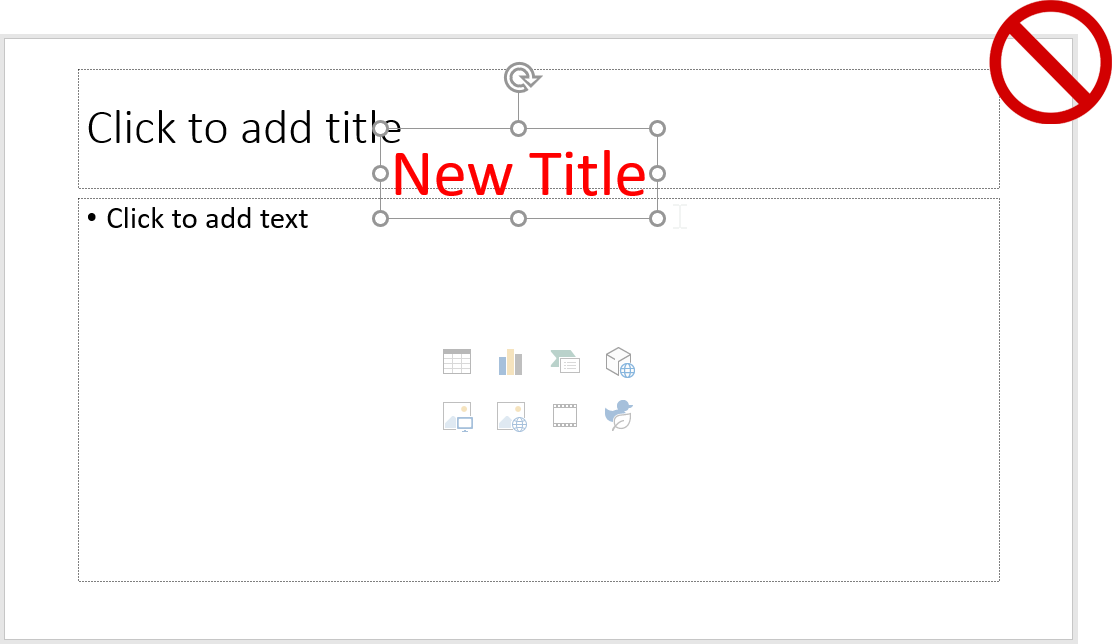 Screen capture of PowerPoint, showing a textbox inserted on top of existing slide title placeholder.