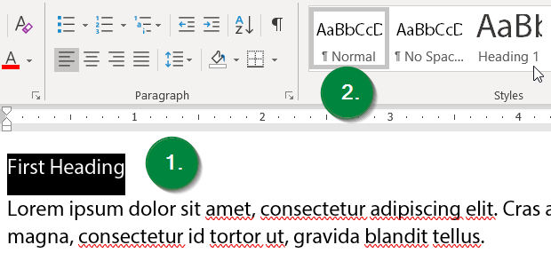 Screen capture of Microsoft Word showing text styles drop-down menu in ribbon toolbar