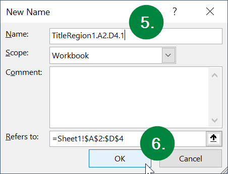 Steps 5 through 6 of Defining the Regions in an Excel Document