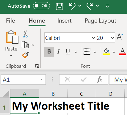 Screen capture of Microsoft Excel, showing a title in the A1 cell.