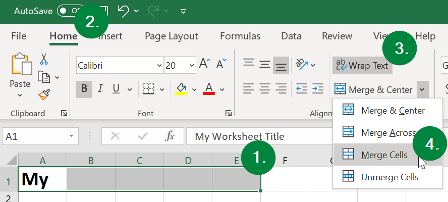Screen capture of Microsoft Excel, showing location of menu items for merging cells.