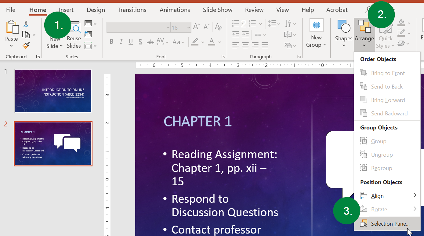 Steps 1 through 3 of Adjusting the Reading Order of Slide Contents