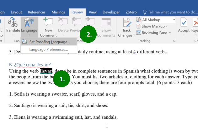 Screen capture detailing the steps outlined in the text to set the proofing language of selected text in Word.