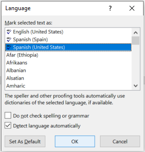 Screen capture of the Proofing Language dialog in Word, showing the highlighted proofing language of choice.
