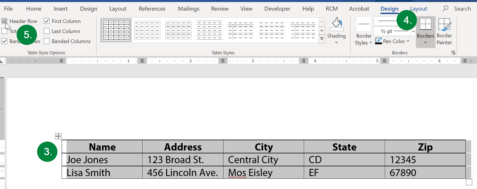 Screen capture of Microsoft Word, showing location of the Header Row checkbox option under the Design ribbon toolbar.
