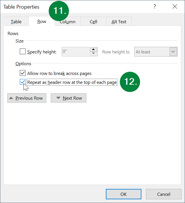Screen capture of Microsoft Word, showing the location of the Row tab, and Repeat as header row checkbox.