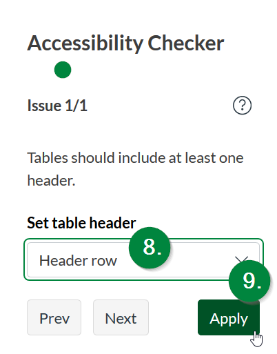 Screen capture of Canvas, showing location of table header row identification option in accessibility pane