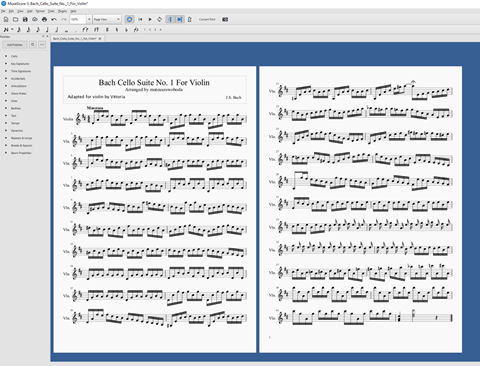MuseScore score editor interface displaying Bach's Cello Suite transcribed for Violin