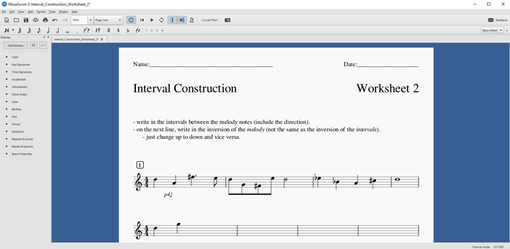 MuseScore interface showing a Music Theory assignment made within MuseScore.