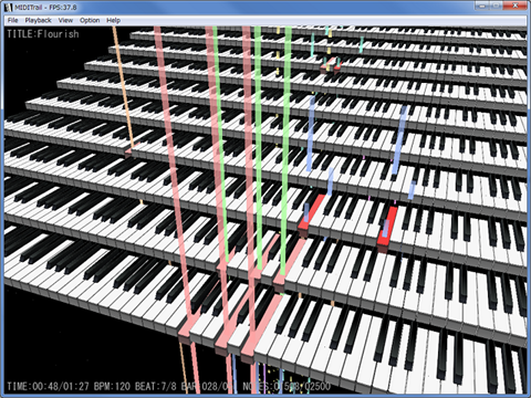 MIDITrail interface with multiple keyboards and colored lines representing the individual instruments crossing the appropriate pitches on the keyboards.