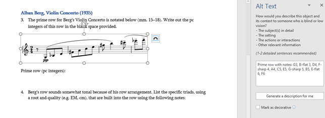 Word image editor with intervals using international standards notation for a sample of Berg's Violin Concerto