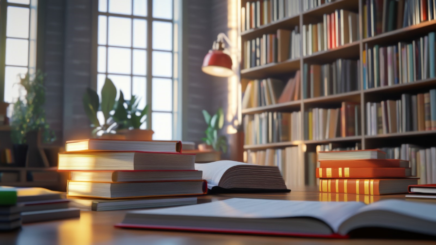 Image of Books on Desk in Library