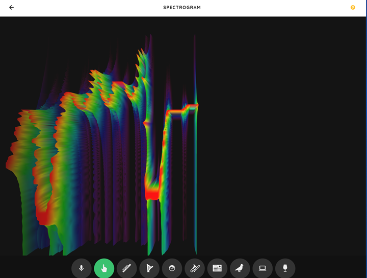 Spectrogram display with rising colored lines moving across the display to display pitch vertically. Color displays amplitude of the sound.