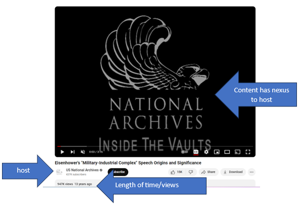 opening screen of a YouTube video - the screen is showing the words "National Archives Inside the Vault" - there is an arrow indicating that this content has a nexus to the host. There is an arrow underneath the video and title of the video indicating the location of the host information - the host is US National Archives. Underneath the host there is an indicator listing the number of views (947,000) and the time since the video was uploaded - it was uploaded 13 years ago. 