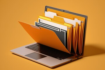 Laptop with Folder full of files coming out of screen