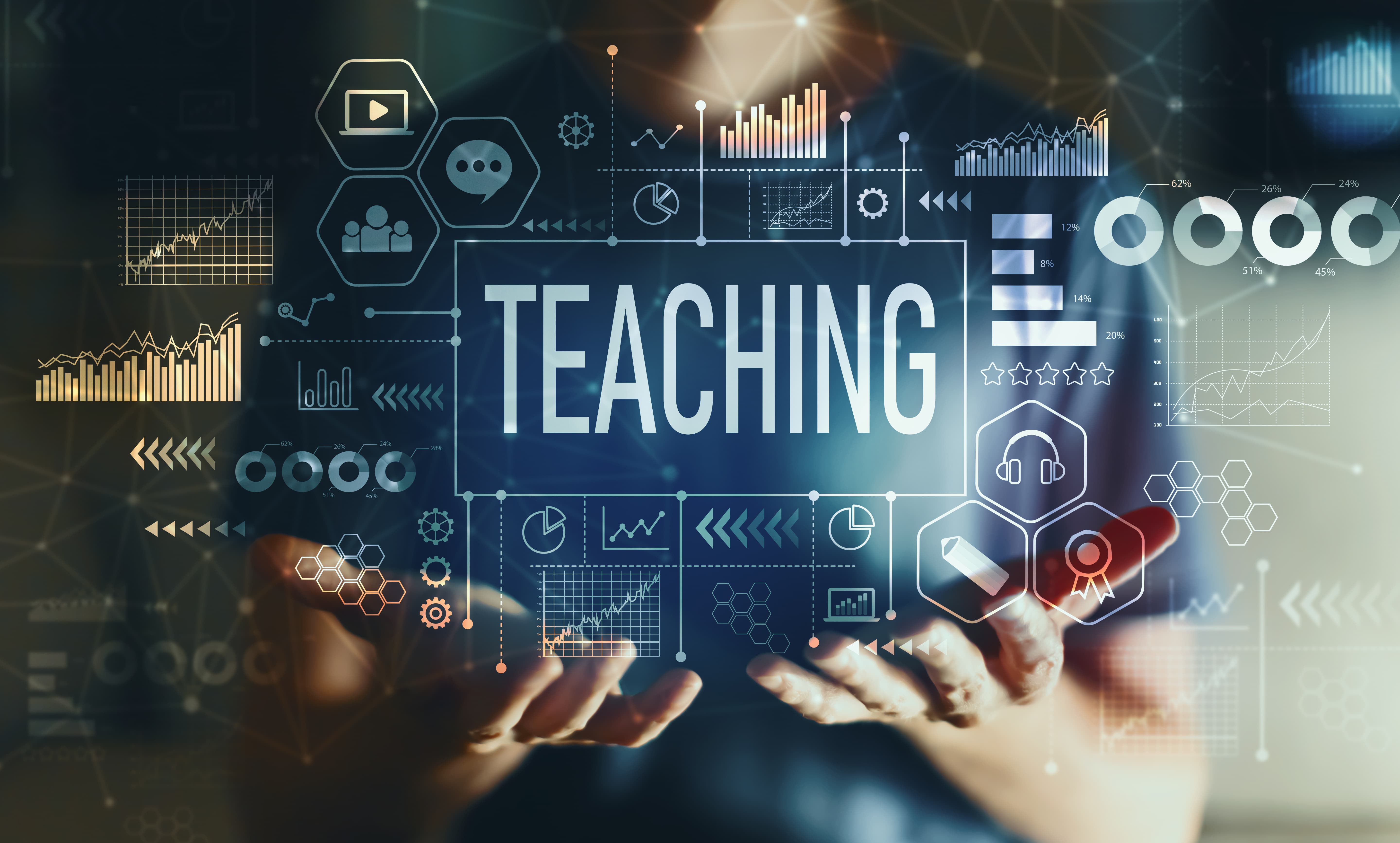 the word "teaching" with floating different media icons around it