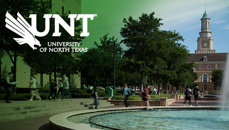 UNT Campus fountain with Hurley admin building in the background