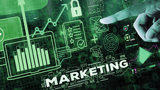 marketing graphs, with finger pointing or clicking, the word marketing 
