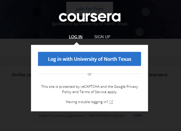 UNT Coursera log in screen screen shot