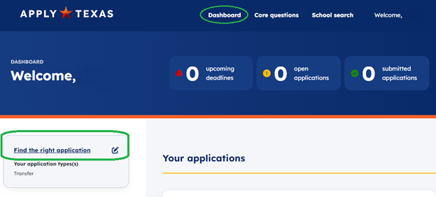 Screenshot showing "Find the application" link on the ApplyTexas portal.