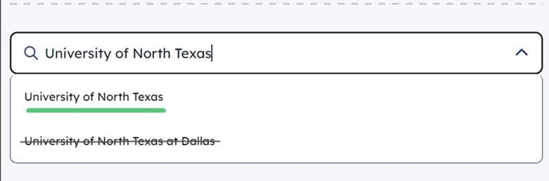 Screenshot of ApplyTexas school search showing University of North Texas.