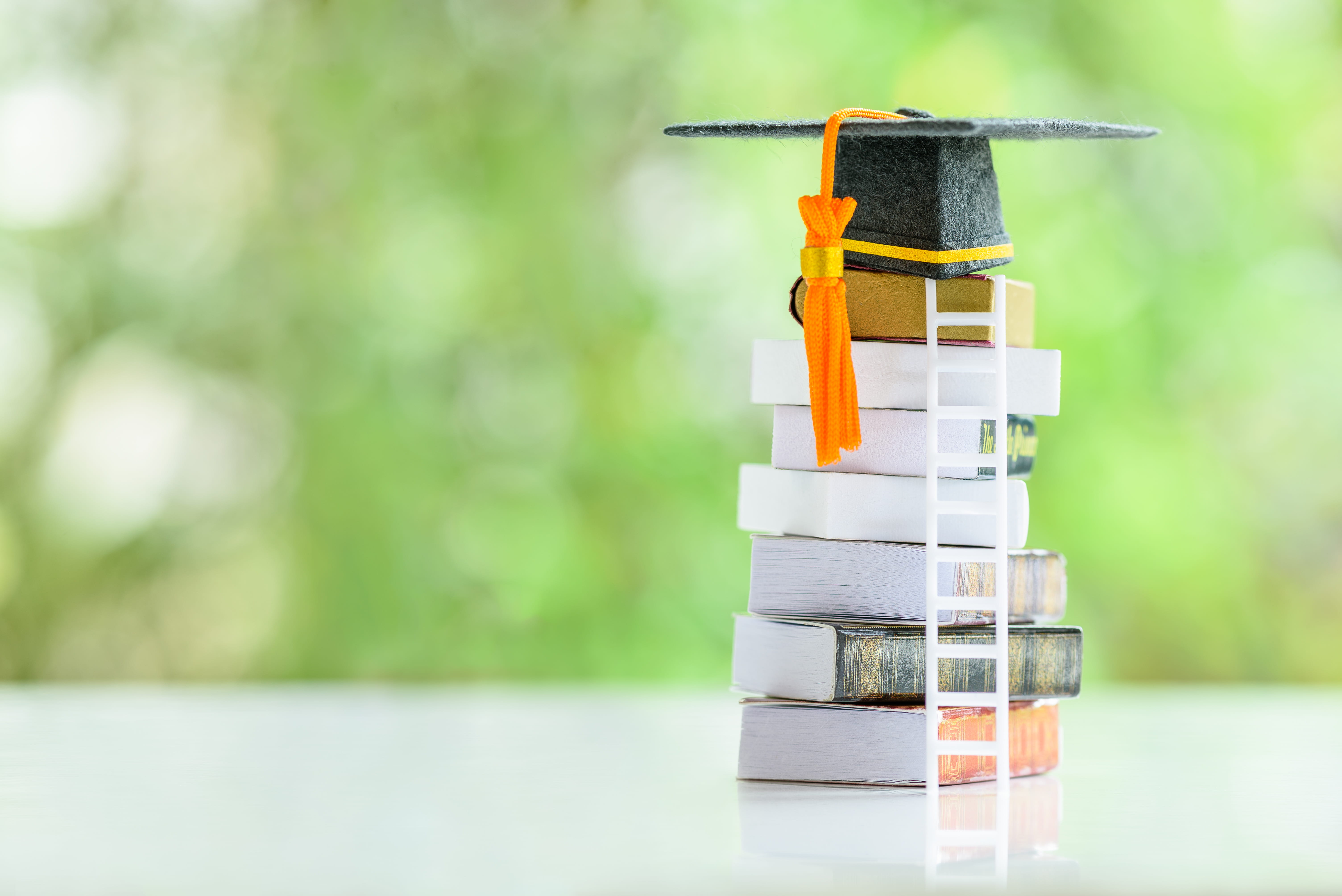 Graduation cap on top of a stack of books with a ladder leading to the top
