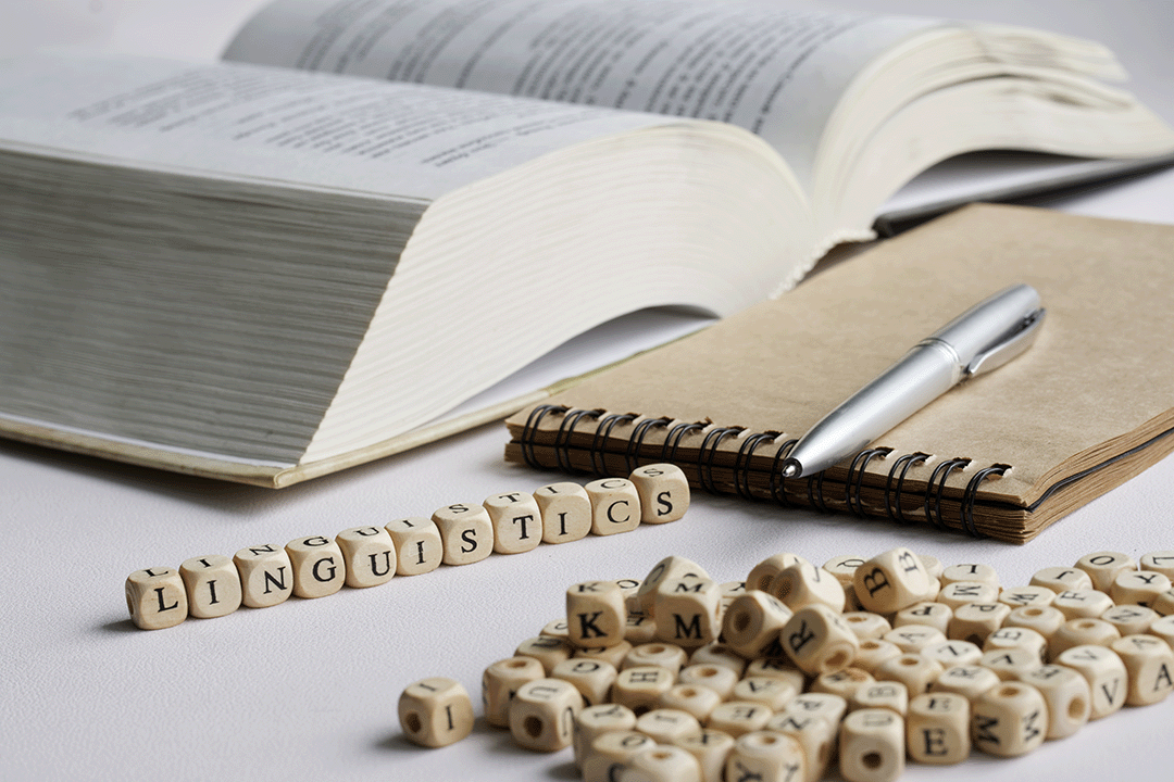 small letter blocks spelling linguistics next to textbook and notpad