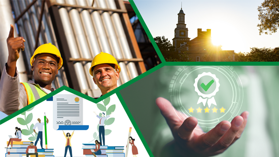 collage - Men at refinery, illustration of business professionals holding a certificate, hand holding a certification badge and hurley building at UNT