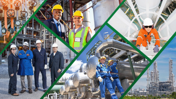 Collage of images depicting people in power plants, oil and gas plats, and in hard hats