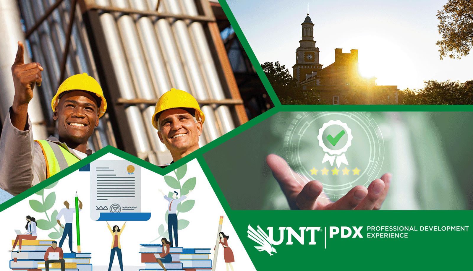 The UNT PDX logo with two people in hard-hats, an icon of a certificate completion, and the UNT Hurley Administration clock tower
