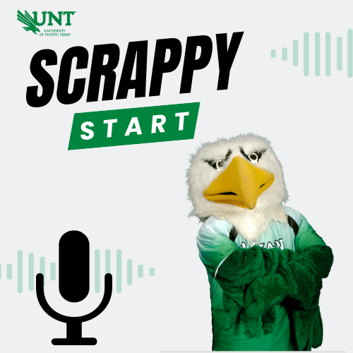 Podcast logo that says Scrappy Start with a microphone image and Scrappy with their arms crossed
